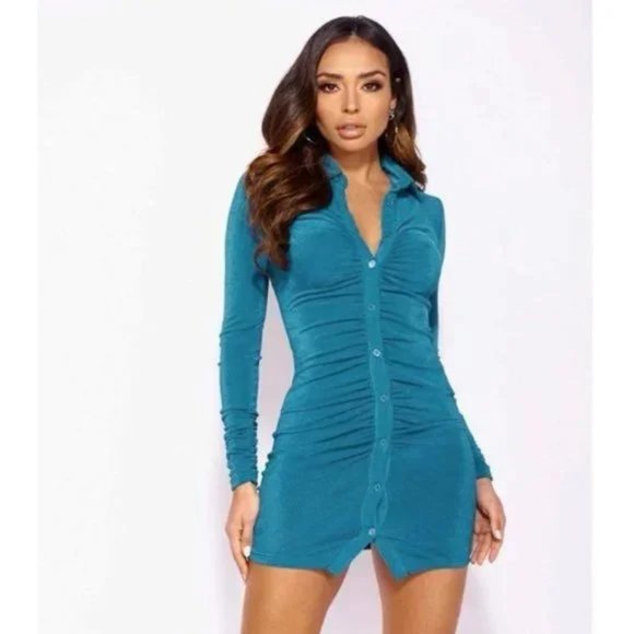 Green Long Sleeve V-Neck Ruched Bodycon Mini Shirt Dress - Picture 1 of 16